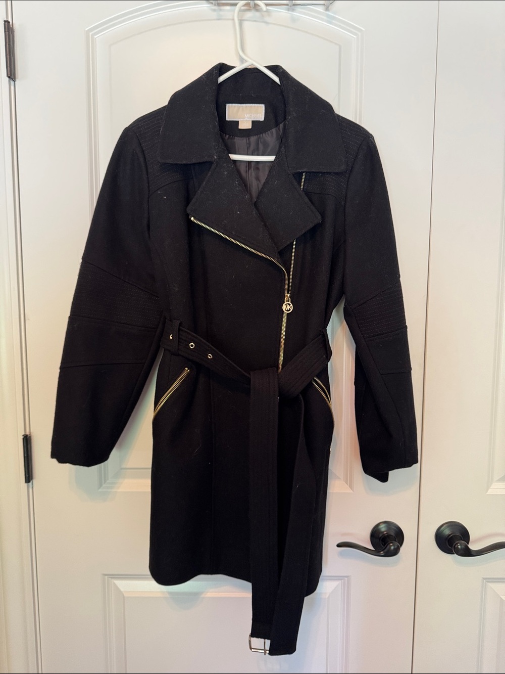 Michael Kors Black Asymmetrical Zip Belted Trench Coat